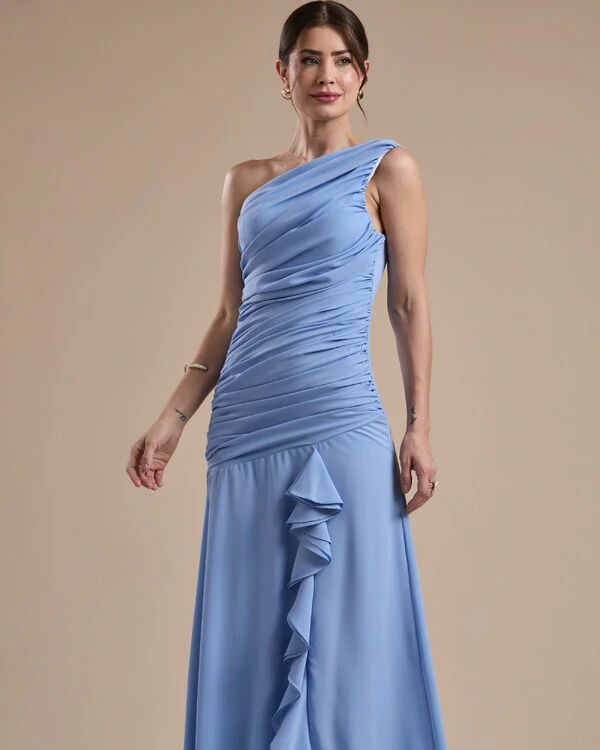 Vestido de Festa Longo Crepe Chiffon Um Ombro Só Drapeado com Babado Cascata Serenity