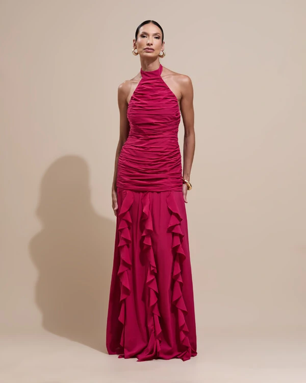 Vestido de Festa Longo Frente Única Crepe Chiffon Drapeado Babados Cascata Cereja