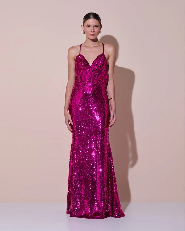 Vestido de Festa Longo Decote V Paetê Alças Finas Saia Sereia Pink