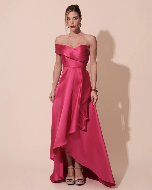 Vestido de Festa Longo Zibeline um Ombro Só Mullet Pink New