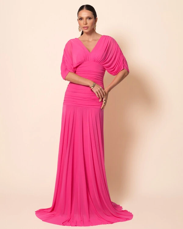 Vestido de Festa Longo Tule Manga Curta Drapeado Pink