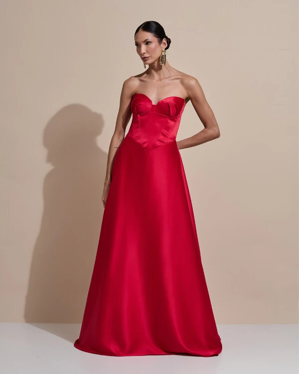 Vestido de Festa Longo Tomara que Caia Decote Coração Cetim Cruzado Costas Vermelho