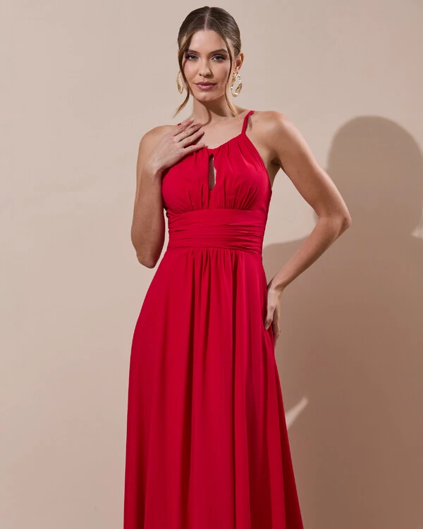 Vestido de Festa Longo Crepe Chiffon Drapeado com Alças e Saia Fluida Vermelho