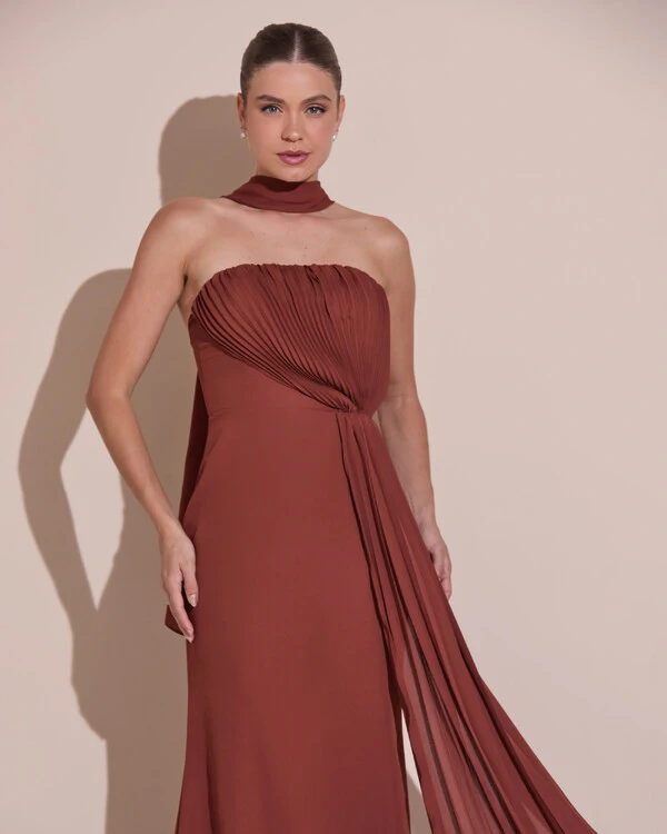 Vestido de Festa Longo Tomara Que Caia Crepe Chiffon Plissado Lenço Marrom New