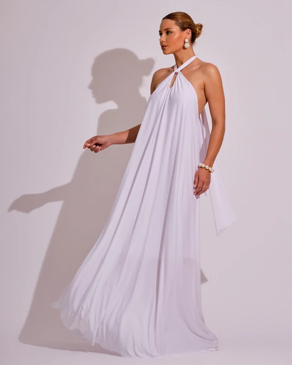 Vestido Longo com Amarração em Malha Branco
