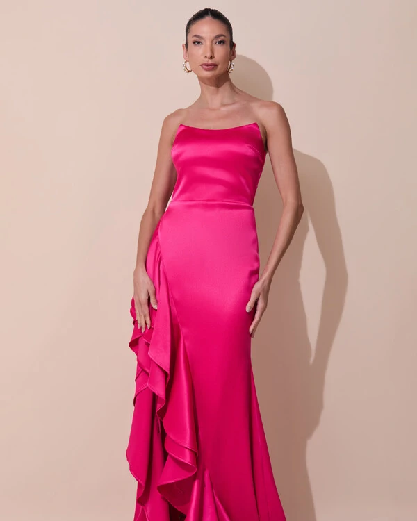 Vestido de Festa Longo Tomara que Caia Cetim Babado Fenda Pink