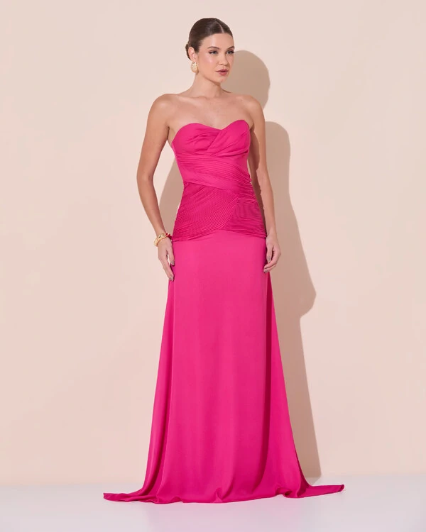 Vestido de Festa Longo Decote Coração Crepe Chiffon Drapeado Plissado Lenço Pink Escuro