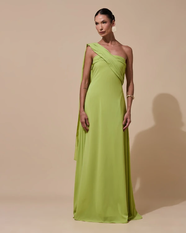 Vestido de Festa Longo Tomara que Caia Crepe Chiffon Lenço Drapeado Costas Trançada Verde Garden