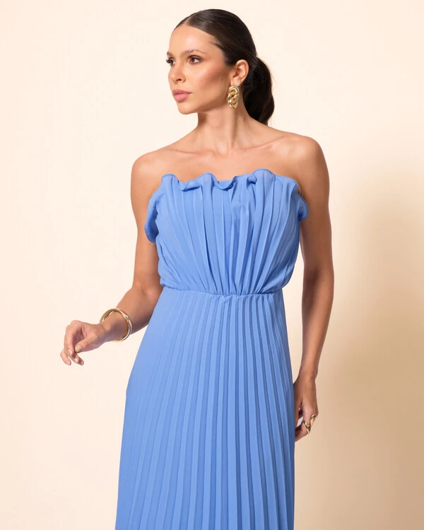 Vestido de Festa Longo Tomara que Caia Plissado Detalhe Azul Atlantis