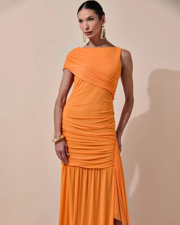 Vestido de Festa Longo Tule Faixa Detalhe Drapeado Laranja New