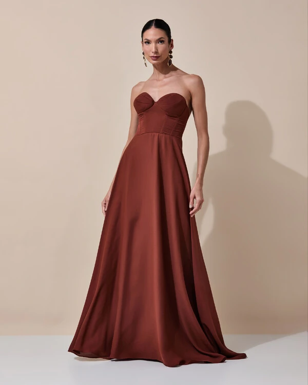 Vestido de Festa Longo Tomara que Caia Crepe Chiffon Decote Coração Lenço Marrom New