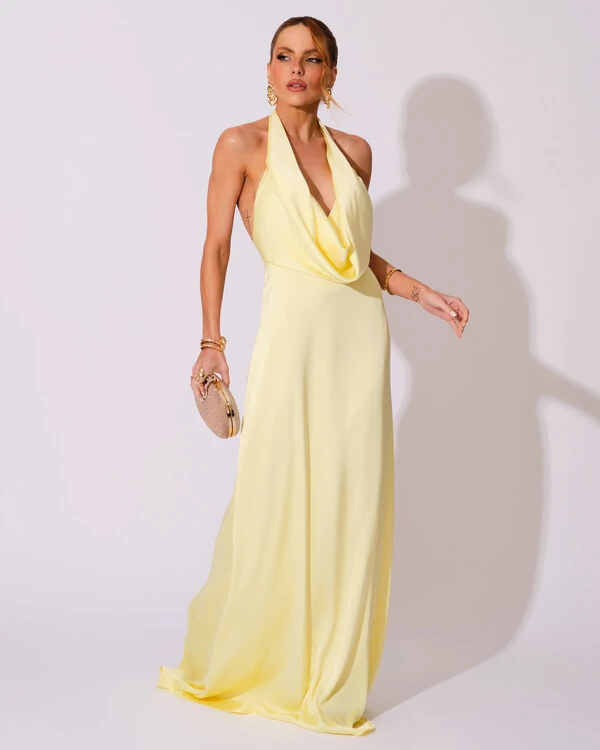 Vestido de Festa Longo Frente Única Degagê Cetim Fluido Amarelo Manteiga
