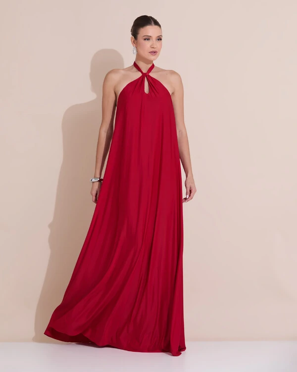 Vestido Longo com Amarração em Malha Vermelho