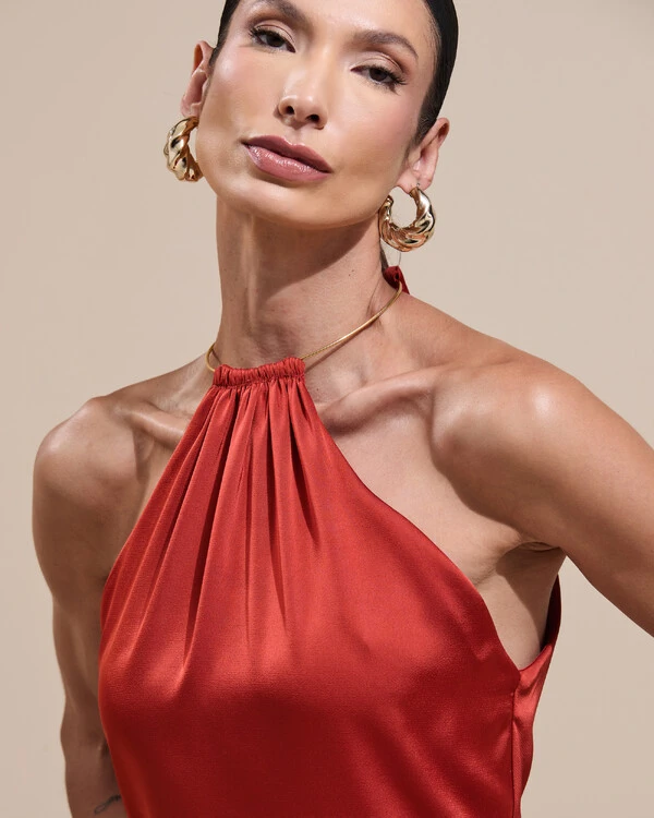 Vestido de Festa Longo Cetim Fluido com Argola Frente Única Terracota