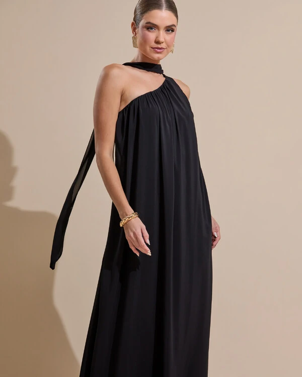 Vestido de Festa Longo Crepe Fluido um Ombro Só com Lenço Preto