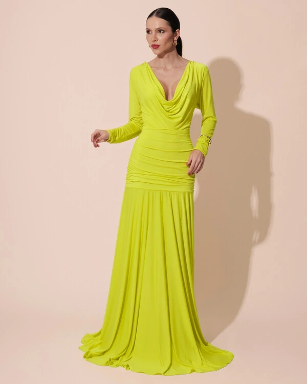 Vestido de Festa Longo Malha Degagê Drapeado Manga Longa Verde Lima