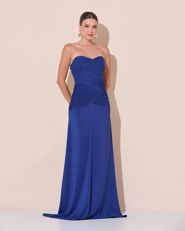 Vestido de Festa Longo Decote Coração Crepe Chiffon Drapeado Plissado Lenço Azul Marinho