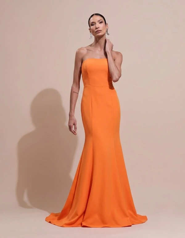 Vestido de Festa Longo Alfaiataria Tomara que Caia Saia Sereia Laranja