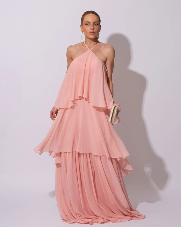 Vestido Longo Crepe Chiffon Babado em Camadas Rose Gold