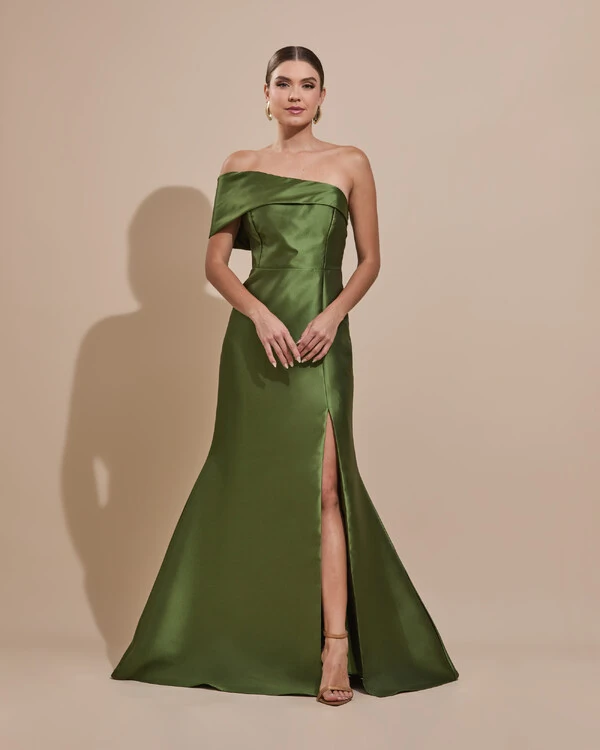 Vestido de Festa Zibeline com Faixa Ombro a Ombro Verde Oliva