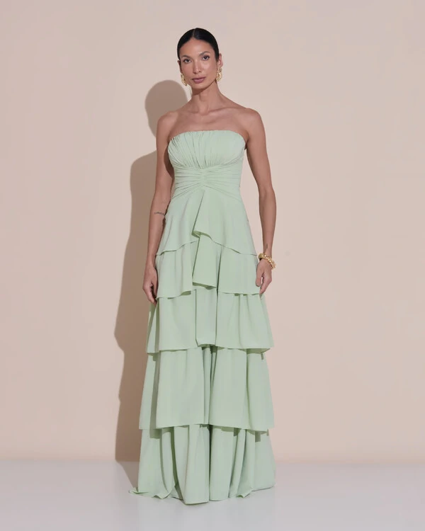 Vestido de Festa Longo Tomara que Caia Drapeado Crepe Chiffon Babados Camadas Verde Menta New