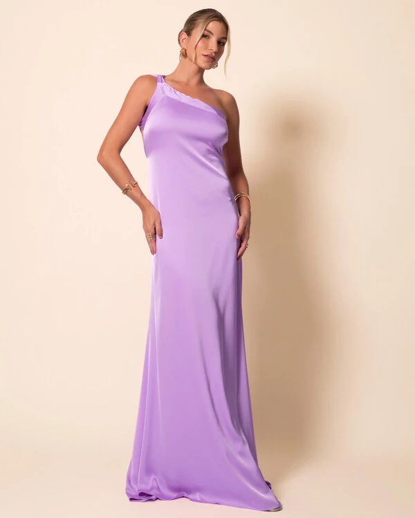 Vestido de Festa Longo Cetim Fluido Um Ombro Só Amarração Costas Lilás