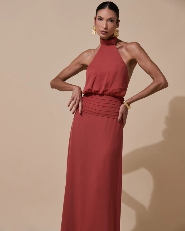 Vestido de Festa Longo Frente Única Busto Blousê Crepe Chiffon Drapeado Terracota