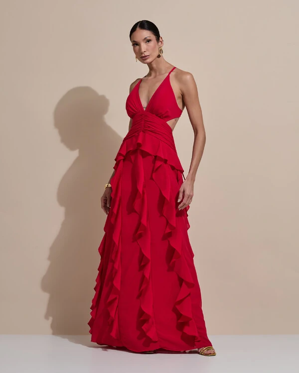 Vestido de Festa Longo Decote V Recortes Drapeado Crepe Chiffon Babados Cascata Vermelho