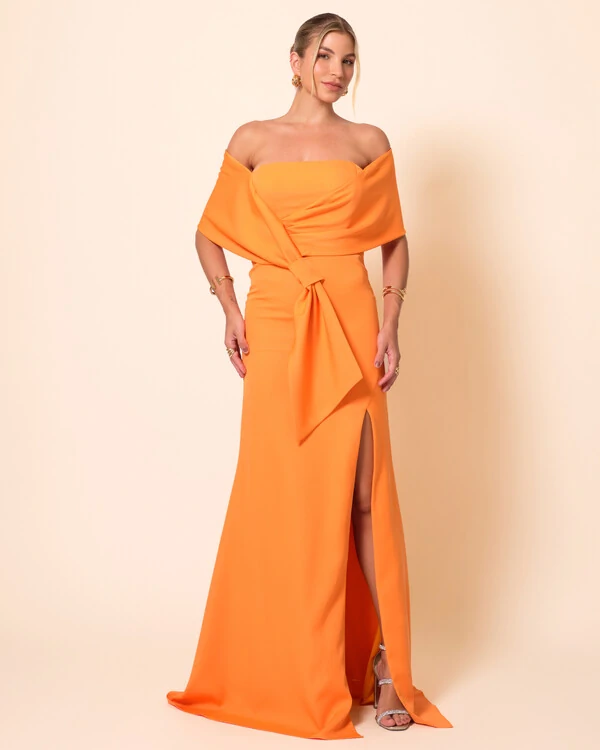 Vestido de Festa Longo Alfaiataria Ombro a Ombro Laço e Fenda Laranja