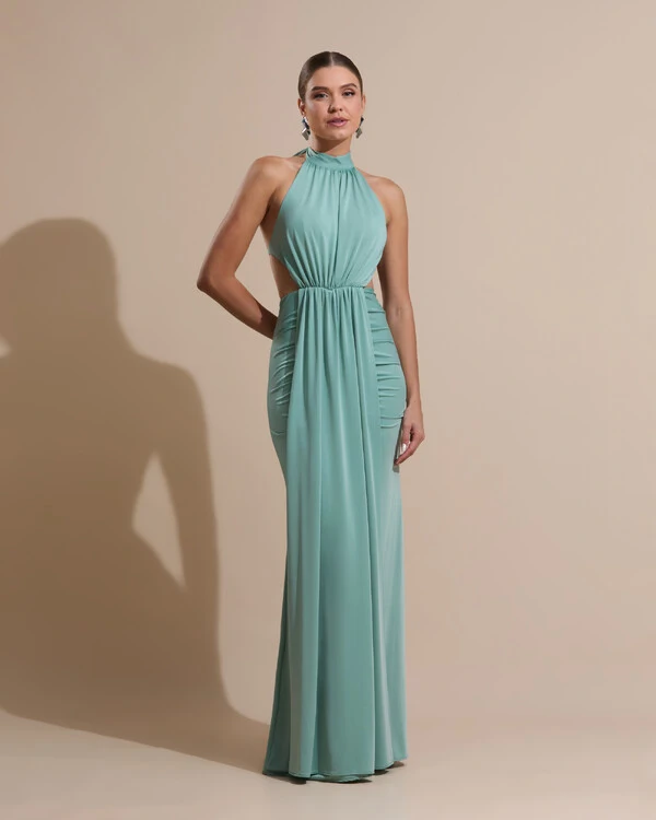 Vestido de Festa Longo Malha Jersey Gola Alta Saia Sereia Verde Menta