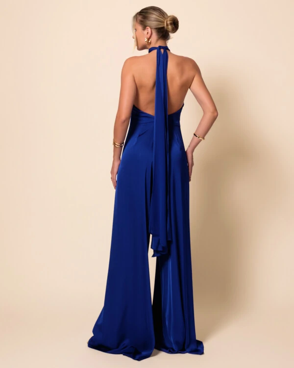 Macacão de Festa Longo em Cetim Fluido com Gola Alta e Lenço Azul Royal New