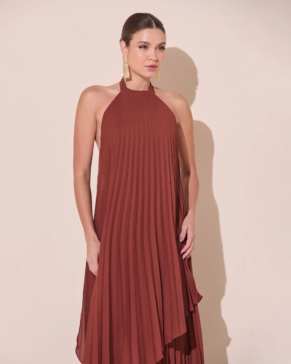 Vestidos de Festa Longo Chiffon Fluido Frente Única Plissado Duplo Marrom New