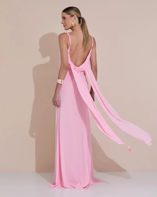 Vestido de Festa Longo Crepe Chiffon Costas Lenço Cauda Rosa Claro