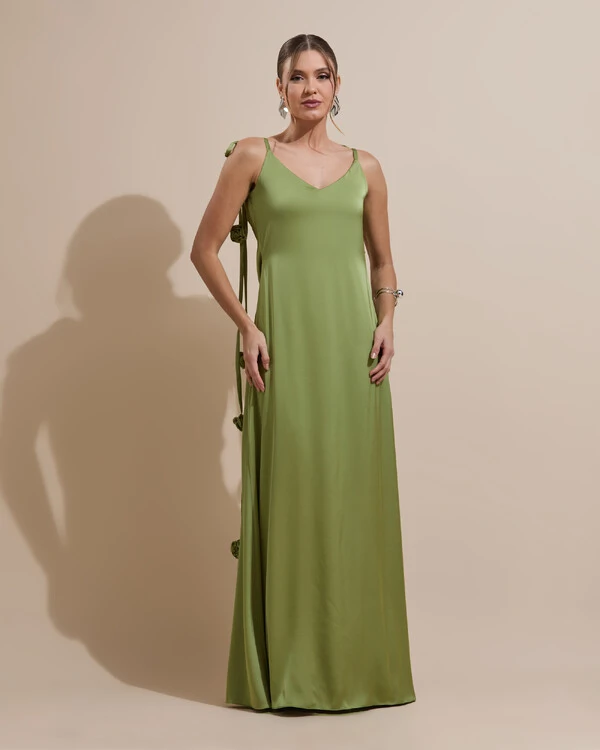 Vestido de Festa Longo Decote Degagê Costas Cetim Flores 3D Alças Verde Pistache
