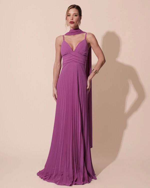 Vestido de Festa Longo Plissado Crepe Chiffon com Alça e Lenço Fucsia