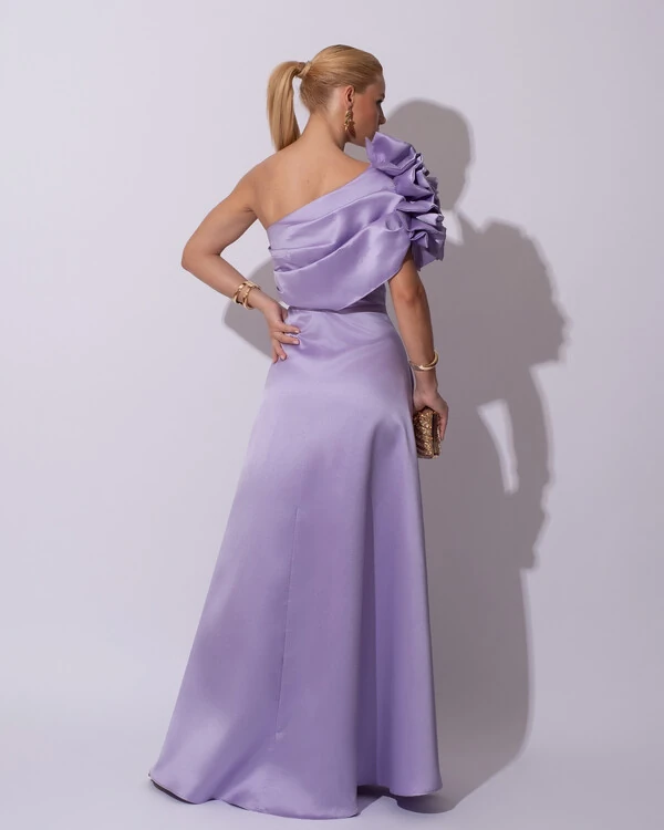 Vestido de Festa Longo Zibeline um Ombro Só Flor Drapeado Lilás