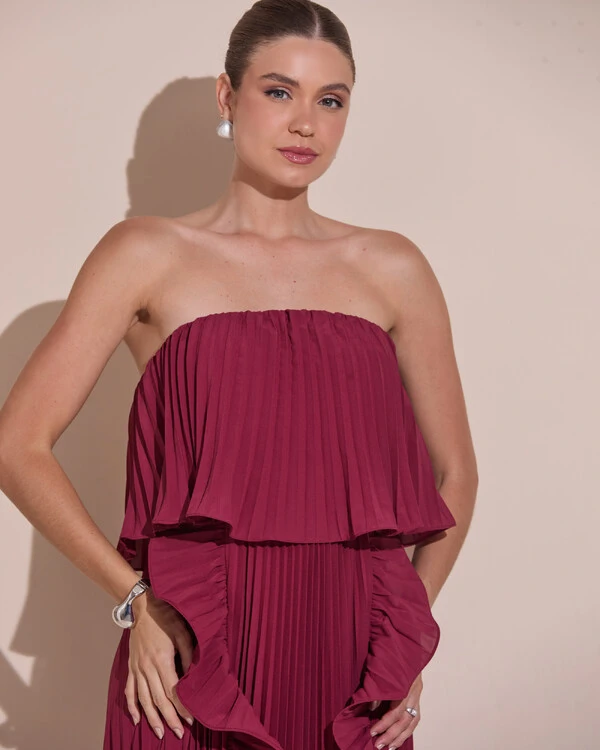 Vestido de Festa Longo Crepe Chiffon Tomara que Caia Plissado com Babado Cascata Marsala New