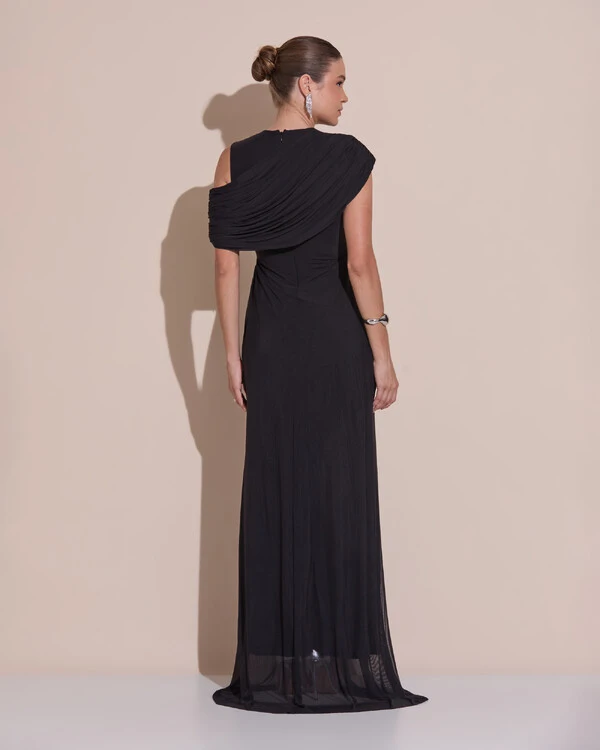 Vestido de Festa Longo Capa Drapeado Tule Saia Fluida Preto