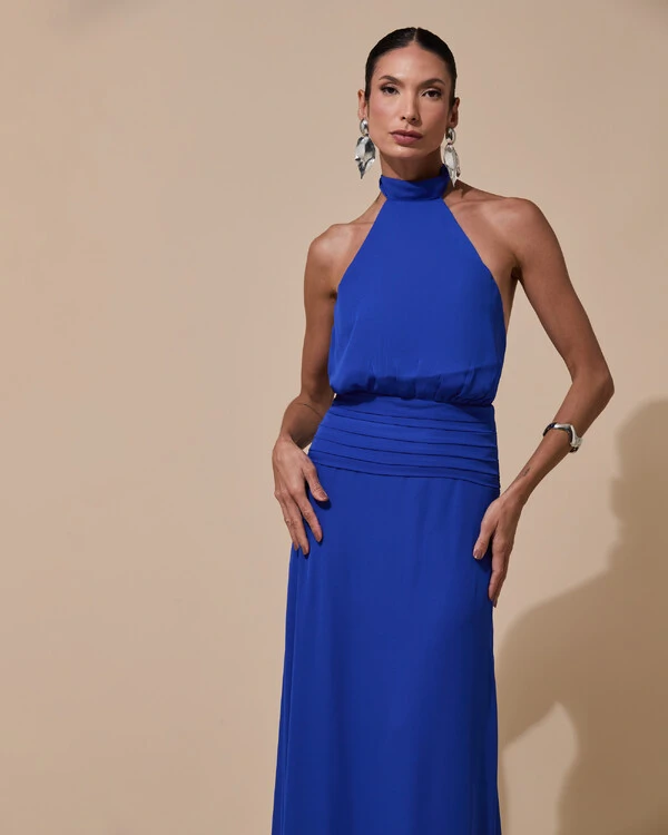 Vestido de Festa Longo Frente Única Busto Blousê Crepe Chiffon Drapeado Azul Royal
