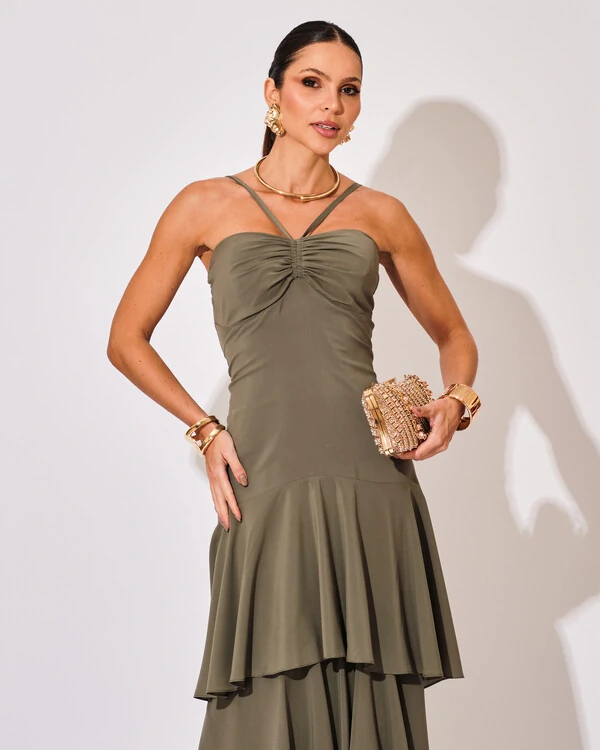 Vestido Longo Crepe com Babado em Camadas Verde Oliva