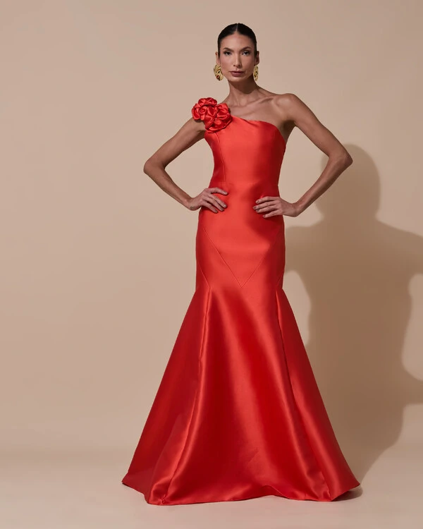 Vestido de Festa Longo Zibeline um Ombro Só Flor Removível Saia Sereia Laranja