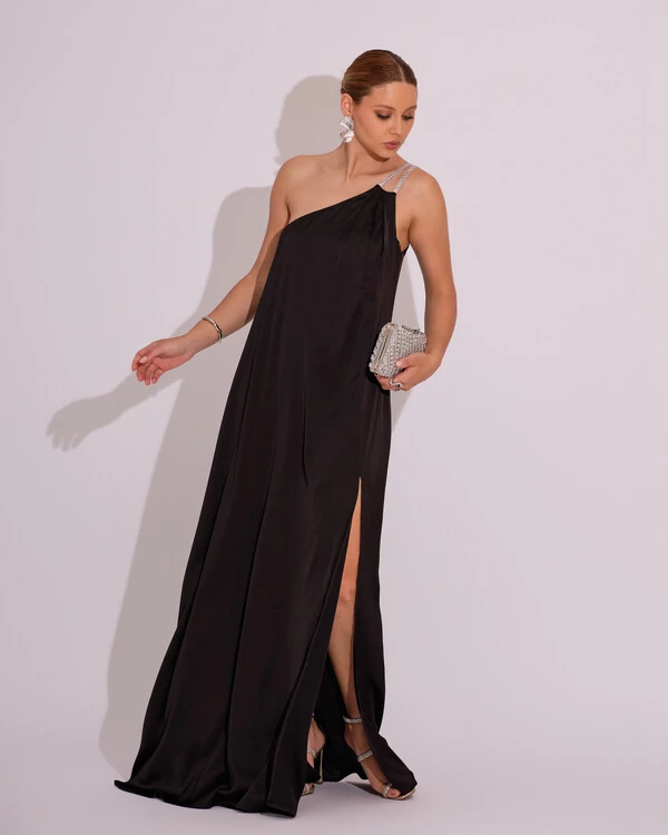 Vestido de Festa Longo Cetim Um Ombro Só Preto