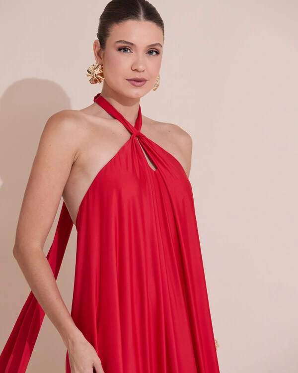 Vestido Longo com Amarração em Malha Vermelho Claro
