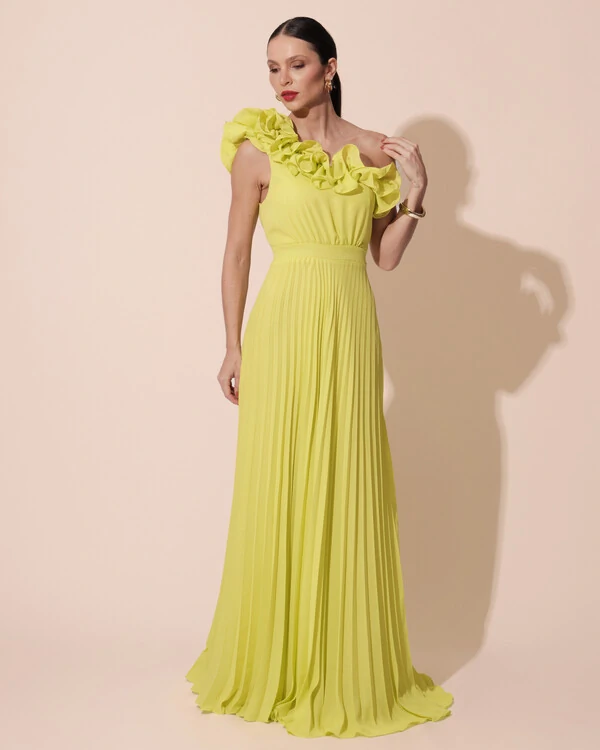 Vestido de Festa um Ombro Só Flor Saia Plissado Verde Lima