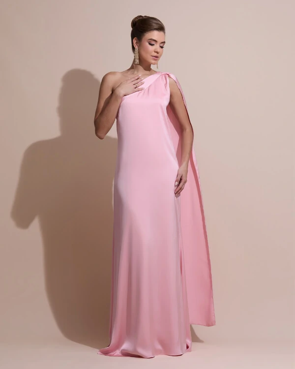 Vestido de Festa Longo Cetim Fluido Um Ombro Só Rose Gold