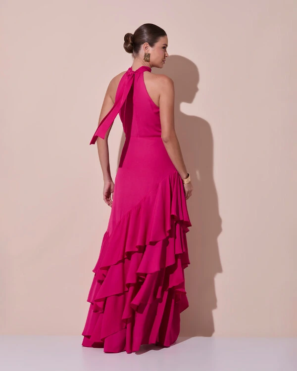 Vestido de Festa Longo Chiffon Crepe Gola Alta Babados Pink Escuro
