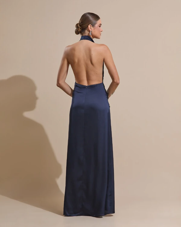 Vestido de Festa Longo Cetim Frente Única Degagê com Faixa Drapeada Azul Marinho