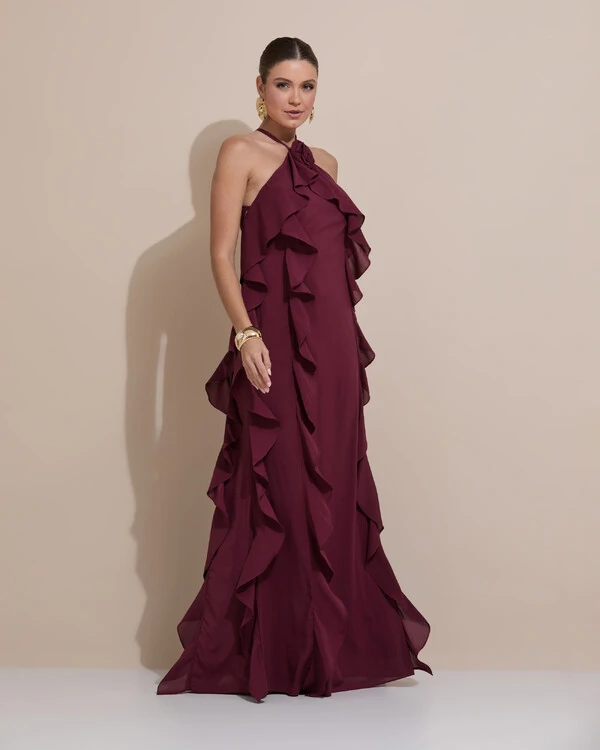 Vestido de Festa Longo Crepe Chiffon Frente Única Babados Cascata e Flor Marsala