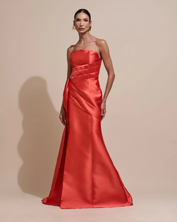 Vestido de Festa Longo Tomara que Caia Zibeline Drapeado e Faixa Laranja