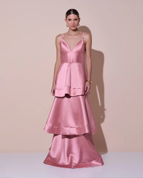 Vestido de Festa Longo Zibeline em Camadas Decote em V com Alças Rose